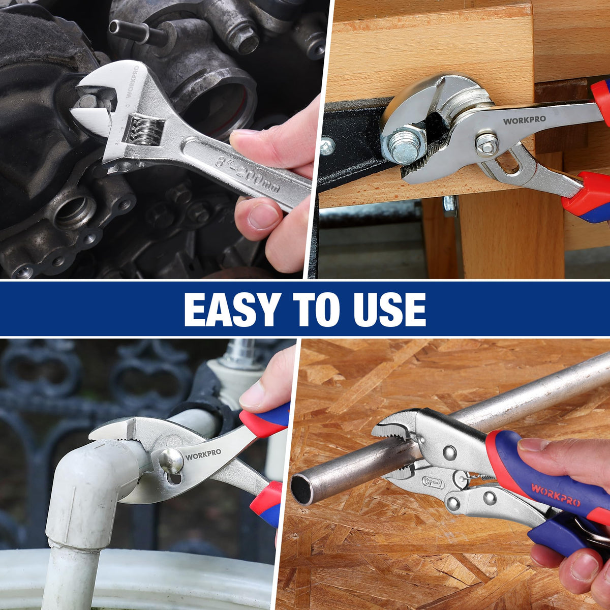 WORKPRO Pliers Set 4-Piece: Slip-Joint, Groove Joint, Locking Pliers & Adjustable Wrench