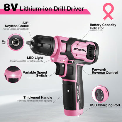 WORKPRO Pink Cordless Drill Set – 8V, 53pc Kit, USB Fast Charge, Pink Ribbon
