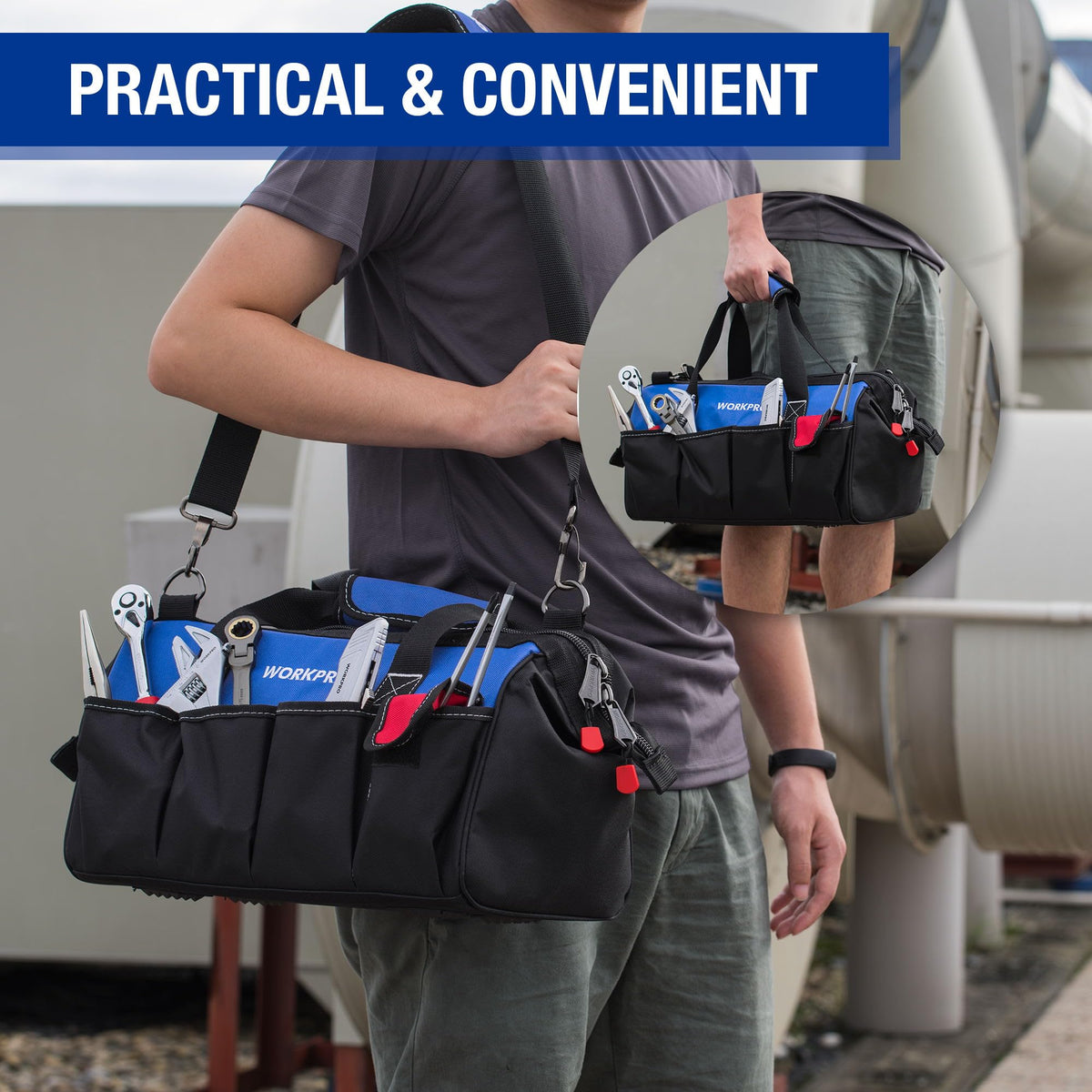 WORKPRO 18-Inch Close Top Wide Mouth Tool Bag | Durable Storage with Adjustable Shoulder Strap