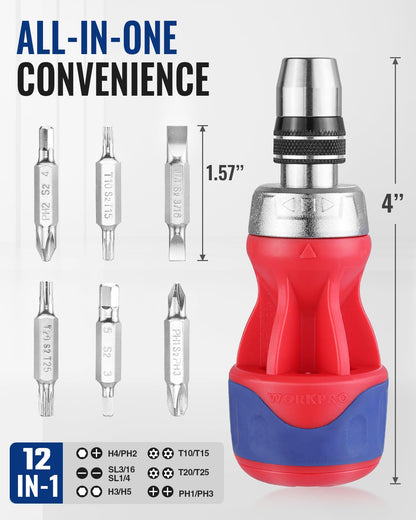 WORKPRO 12-in-1 Stubby Ratcheting Screwdriver – Compact, Quick-Load Auto-Lock, S2 Steel Bits