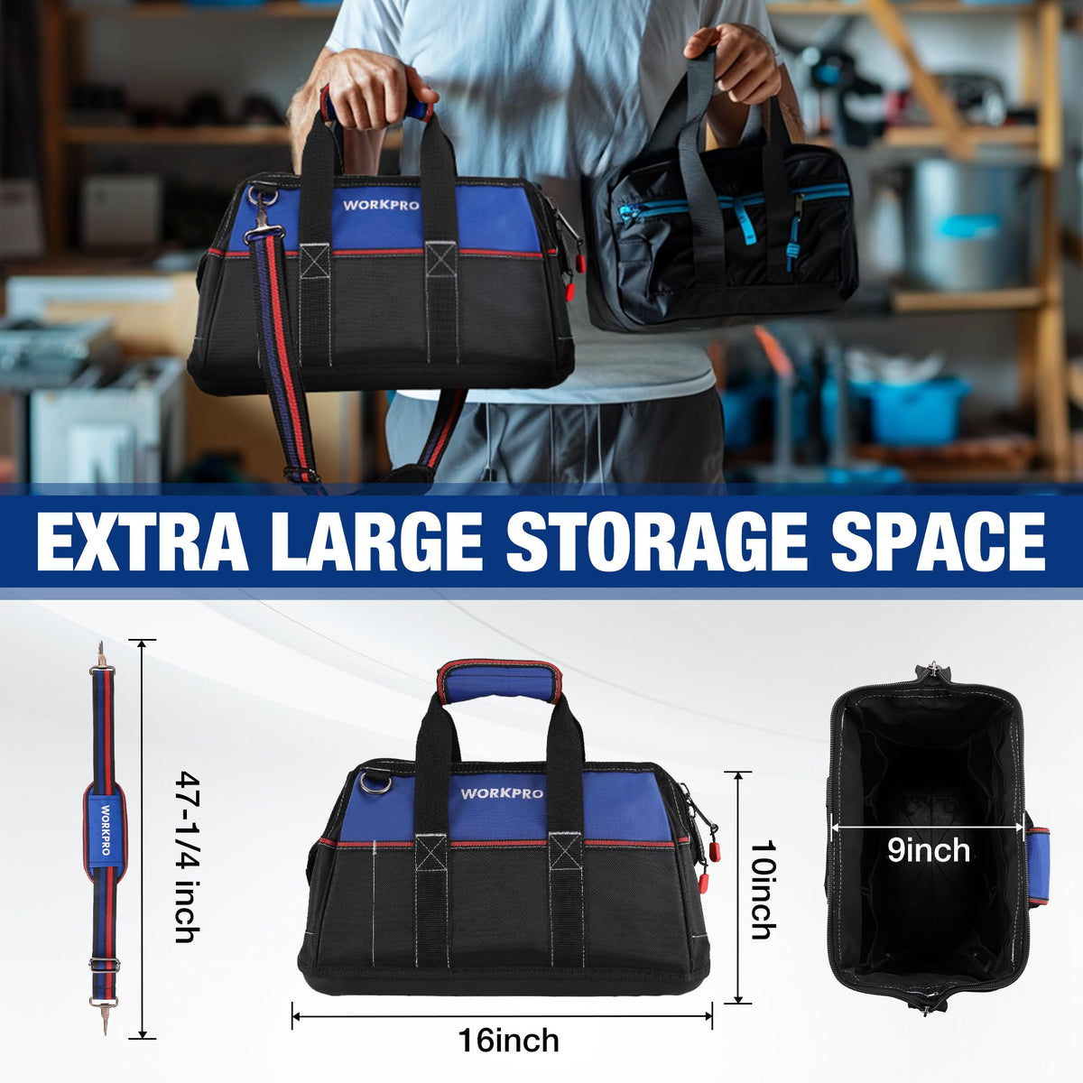 WORKPRO 16-Inch Wide Mouth Tool Bag | Heavy-Duty, Water-Resistant Base