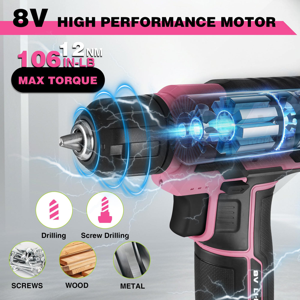 WORKPRO Pink Cordless Drill Set – 8V, 53pc Kit, USB Fast Charge, Pink Ribbon