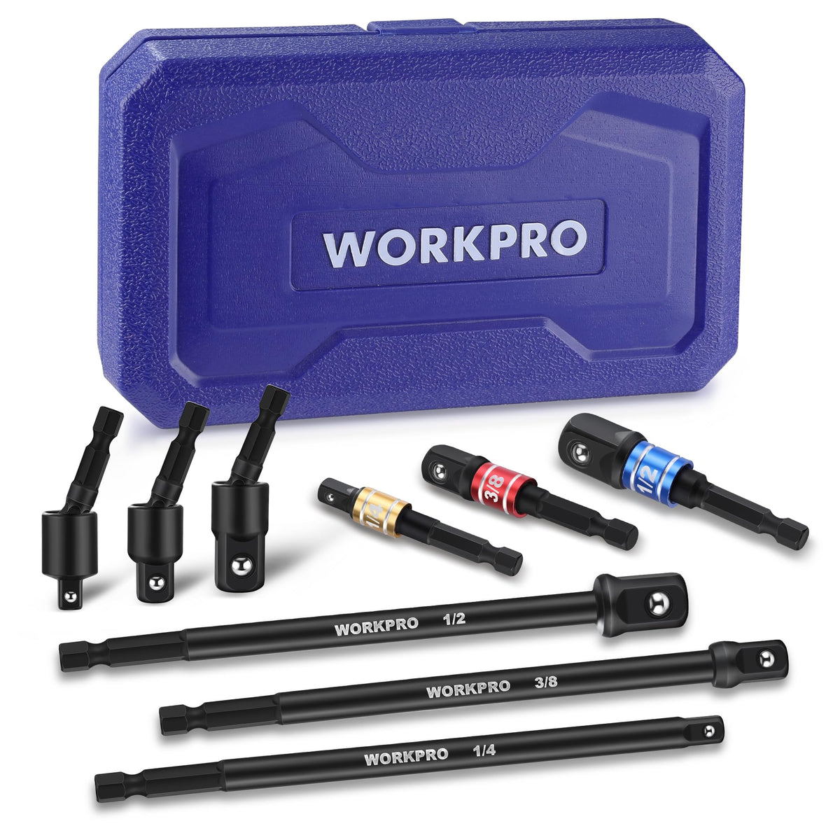 WORKPRO Impact Grade Socket Adapter Set (9-Piece) – 1/4\", 3/8\", 1/2\" Drive with Case