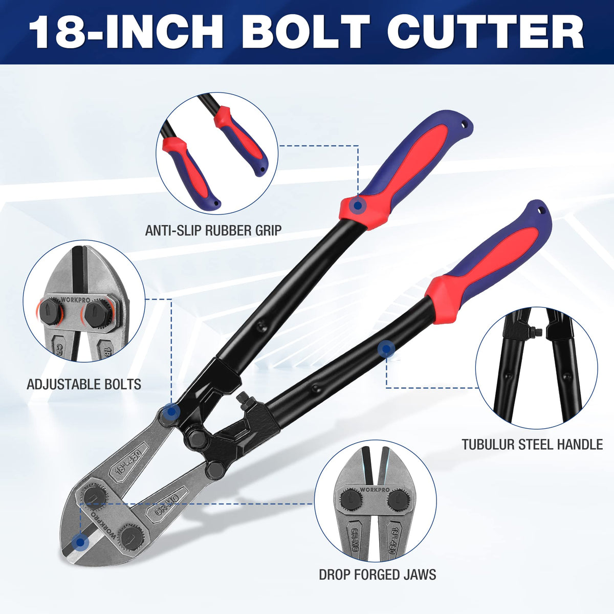 WORKPRO 18-Inch Bolt Cutter – Bi-Material Handle, Chrome Moly Jaws | W017005A