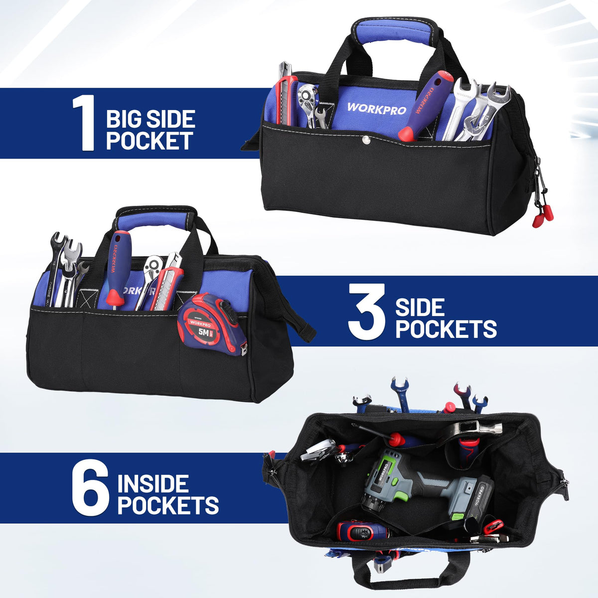WORKPRO 13-Inch Tool Bag | Wide Mouth Tote with Inside Pockets