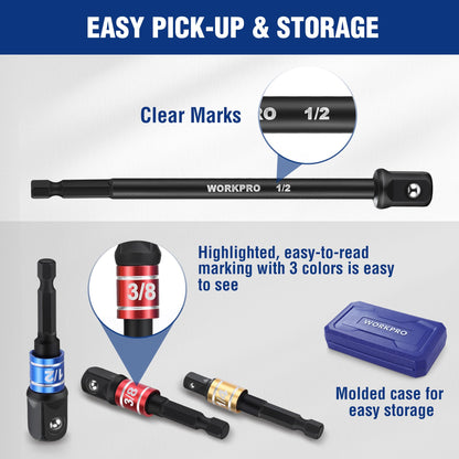 WORKPRO Impact Grade Socket Adapter Set (9-Piece) – 1/4\", 3/8\", 1/2\" Drive with Case