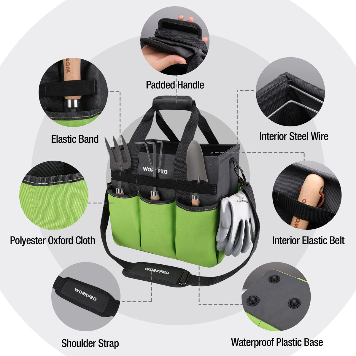WORKPRO Garden Tool Bag Organizer - Heavy Duty Tote with 10 Pockets and Standable Base