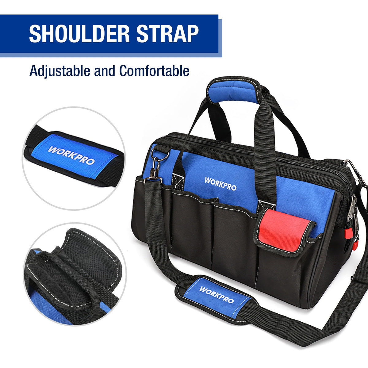 WORKPRO 18-Inch Close Top Wide Mouth Tool Bag | Durable Storage with Adjustable Shoulder Strap