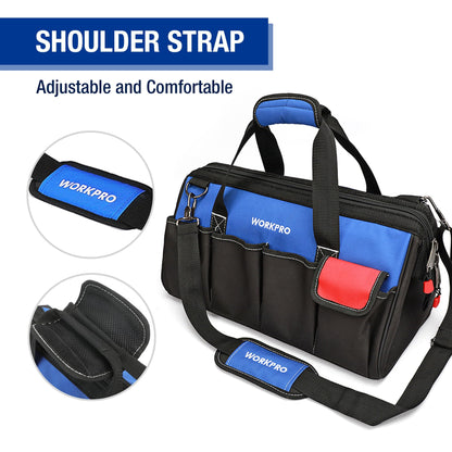 WORKPRO 18-Inch Close Top Wide Mouth Tool Bag | Durable Storage with Adjustable Shoulder Strap