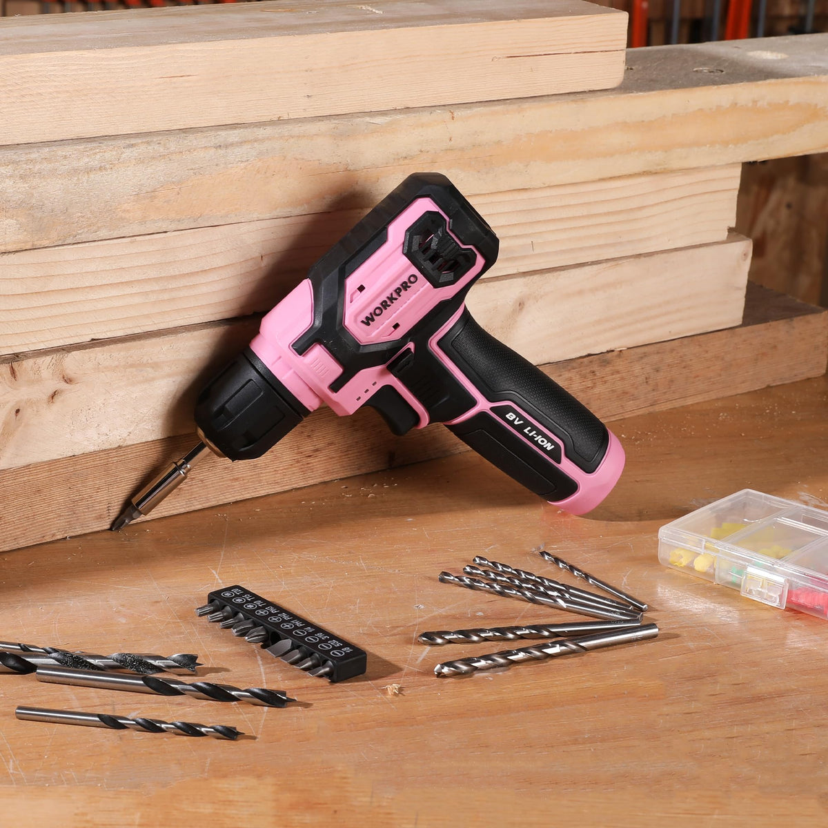 WORKPRO Pink Cordless Drill Set – 8V, 53pc Kit, USB Fast Charge, Pink Ribbon
