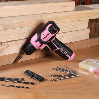 WORKPRO Pink Cordless Drill Set – 8V, 53pc Kit, USB Fast Charge, Pink Ribbon