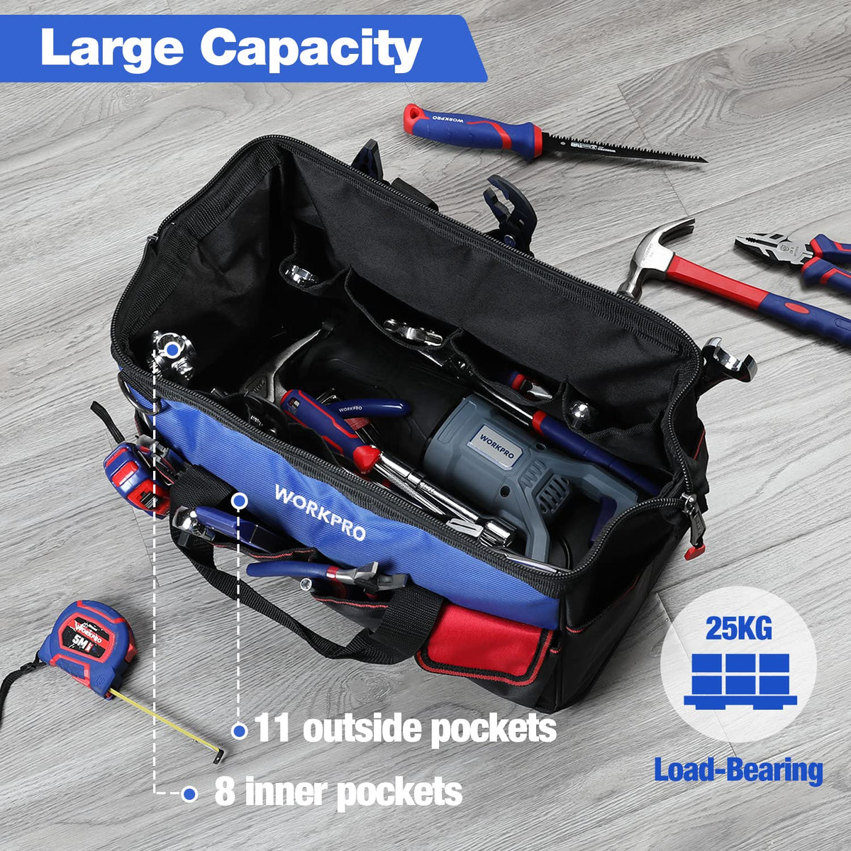 WORKPRO 18-Inch Tool Bag with Waterproof Base – Open Top Organizer, 20 Pockets