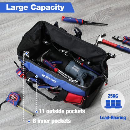 WORKPRO 18-Inch Tool Bag with Waterproof Base – Open Top Organizer, 20 Pockets
