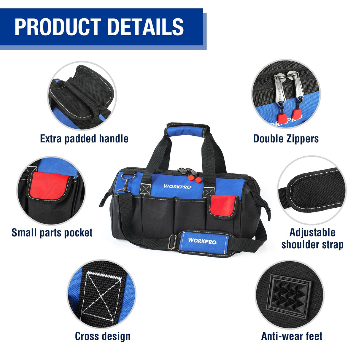 WORKPRO 18-Inch Close Top Wide Mouth Tool Bag | Durable Storage with Adjustable Shoulder Strap