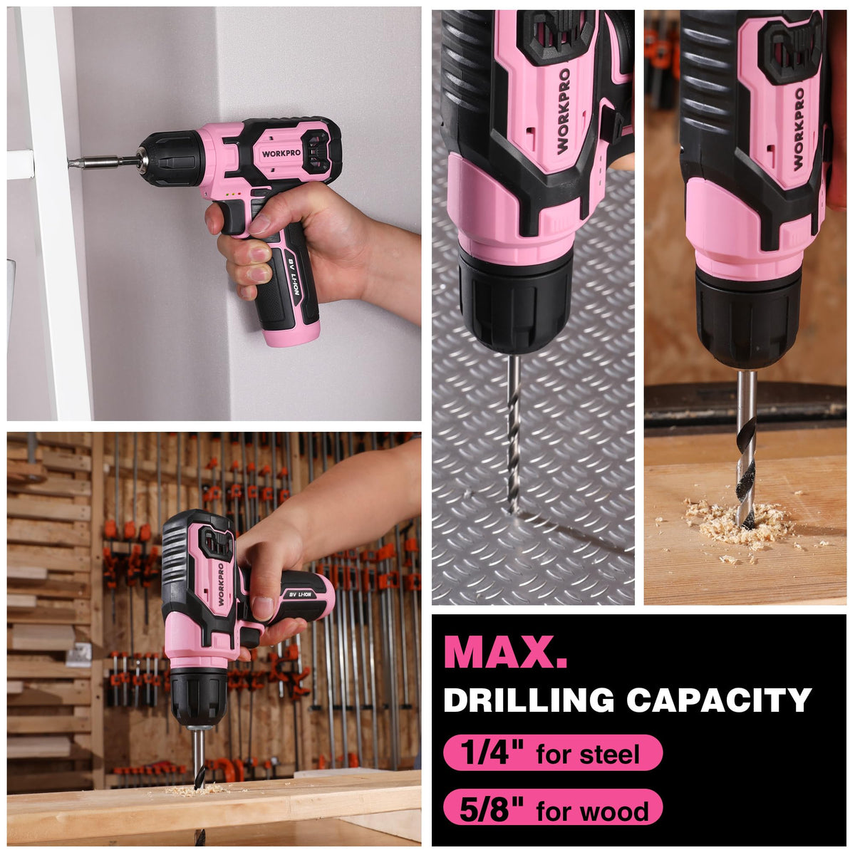 WORKPRO Pink Cordless Drill Set – 8V, 53pc Kit, USB Fast Charge, Pink Ribbon