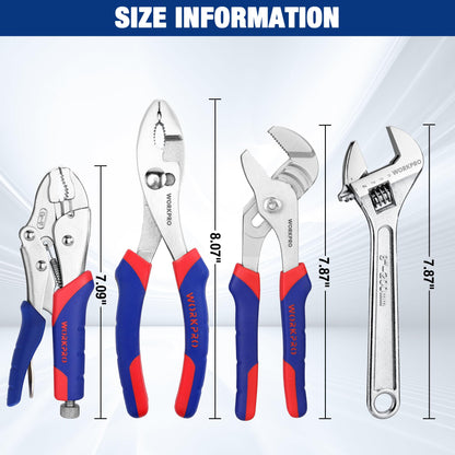 WORKPRO Pliers Set 4-Piece: Slip-Joint, Groove Joint, Locking Pliers & Adjustable Wrench