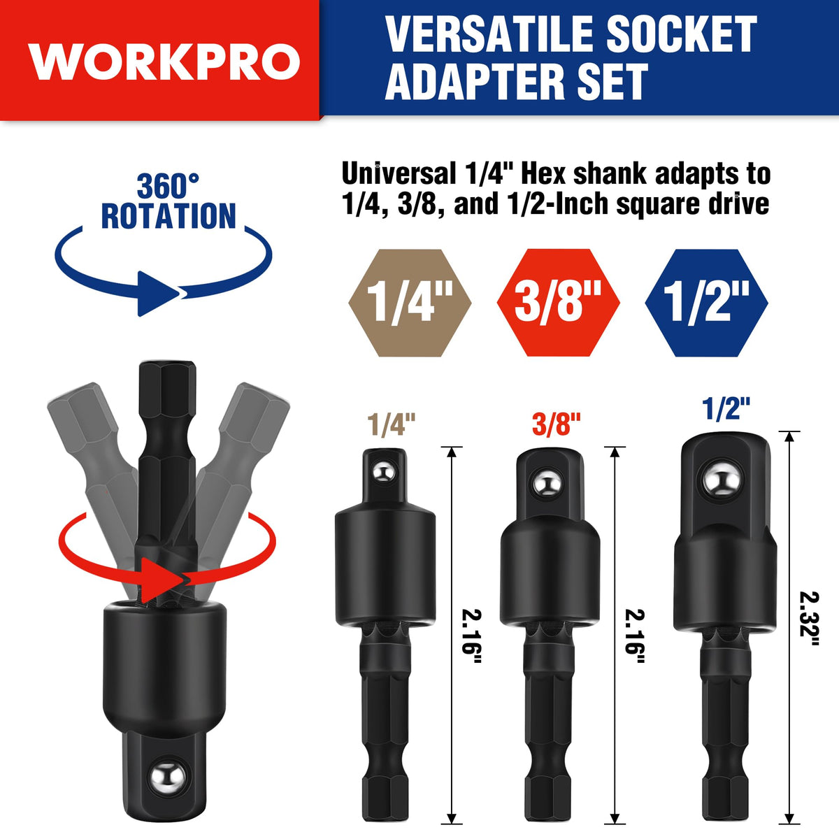 WORKPRO Impact Grade Socket Adapter Set (9-Piece) – 1/4\", 3/8\", 1/2\" Drive with Case