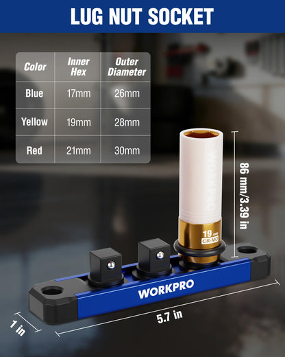 WORKPRO 1/2 Drive Lug Nut Socket Set – 17/19/21mm Deep Thin-Wall