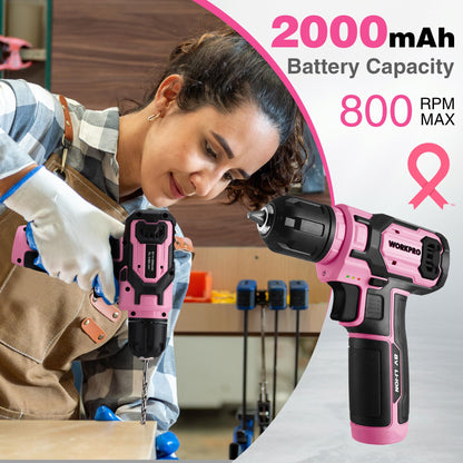 WORKPRO Pink Cordless Drill Set – 8V, 53pc Kit, USB Fast Charge, Pink Ribbon