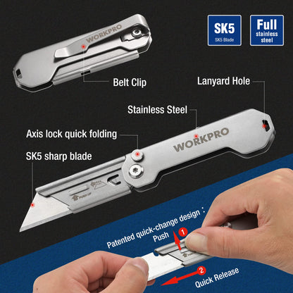 WORKPRO 3-Pack Folding Utility Knife – Quick-Change Blades, Belt Clip, EDC Box Cutter