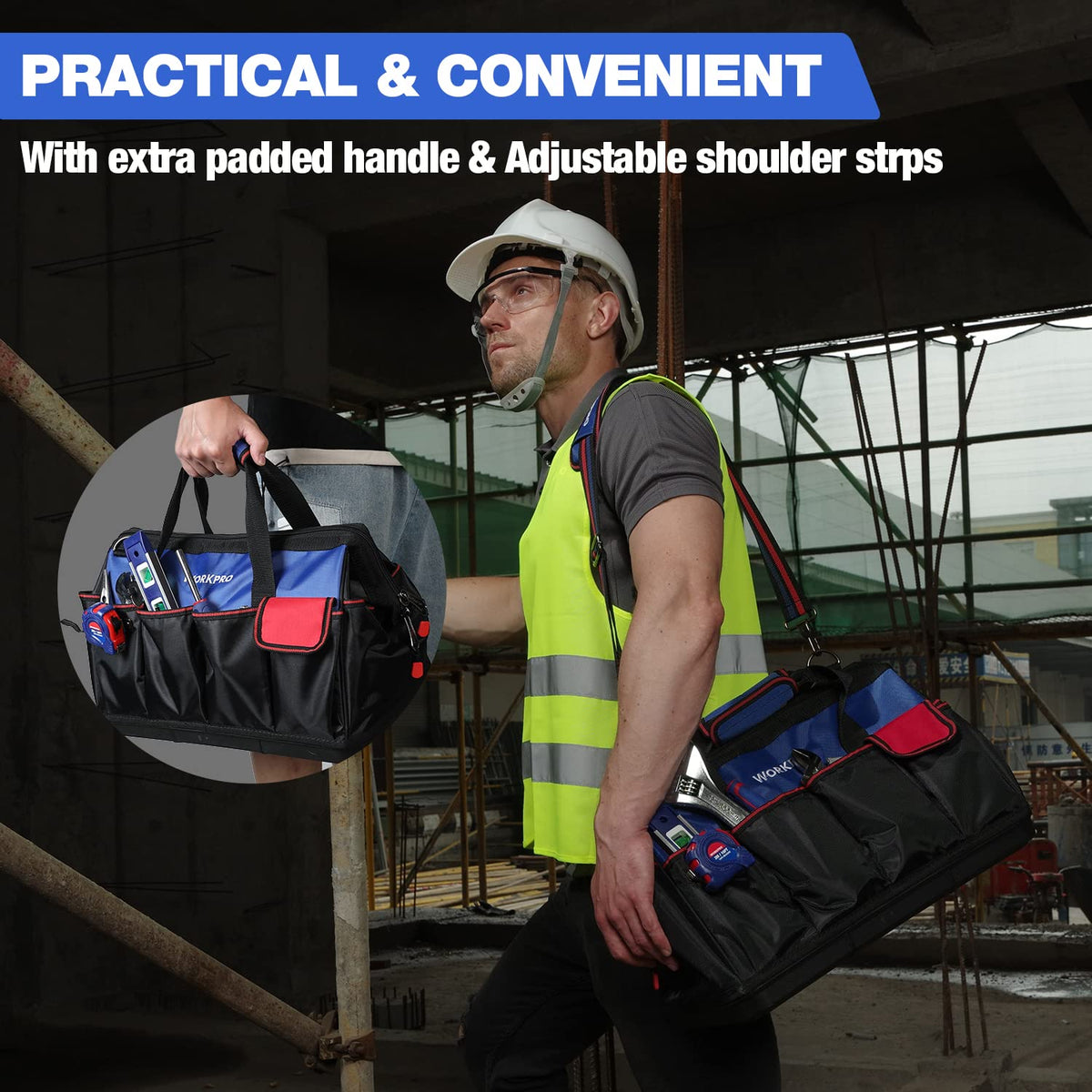 WORKPRO 18-Inch Tool Bag with Waterproof Base – Open Top Organizer, 20 Pockets