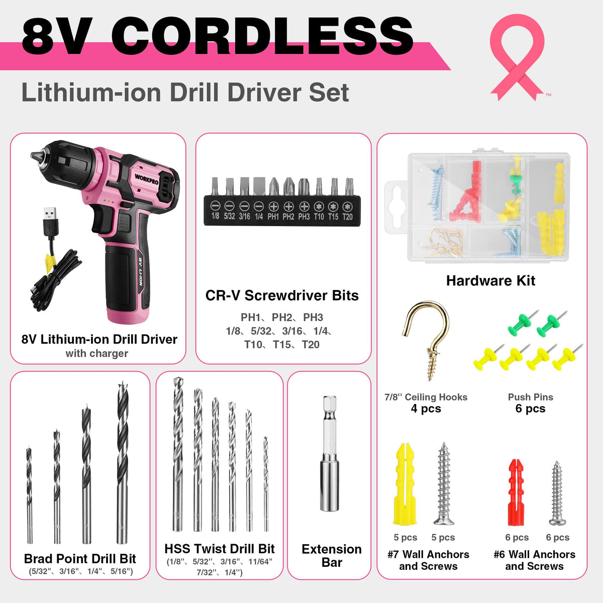 WORKPRO Pink Cordless Drill Set – 8V, 53pc Kit, USB Fast Charge, Pink Ribbon