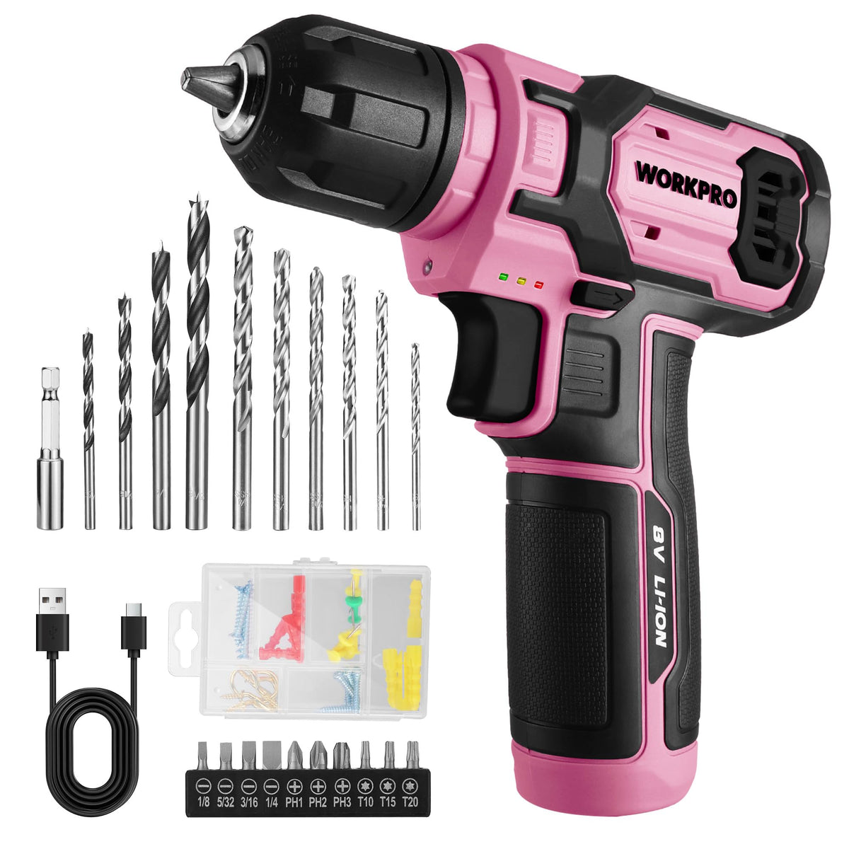 WORKPRO Pink Cordless Drill Set – 8V, 53pc Kit, USB Fast Charge, Pink Ribbon