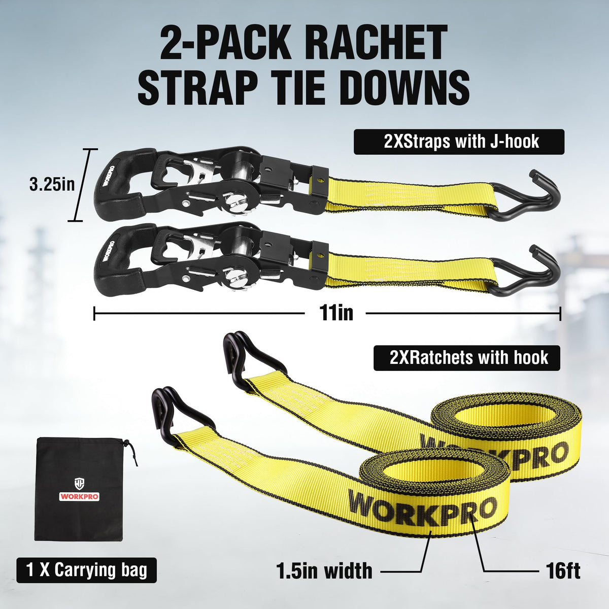 WORKPRO 2-Pack Ratchet Tie Down Straps – 1.5 in x 16 ft | 3300 lbs Break Strength