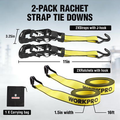 WORKPRO 2-Pack Ratchet Tie Down Straps – 1.5 in x 16 ft | 3300 lbs Break Strength