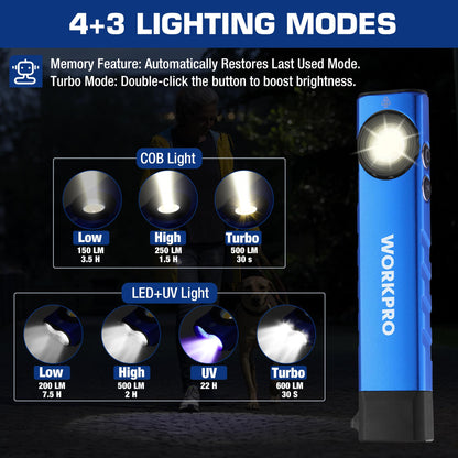 WORKPRO Rechargeable Work Light — 600 Lumens, UV Mode, Magnetic Base, Slim Pocket EDC Flashlight