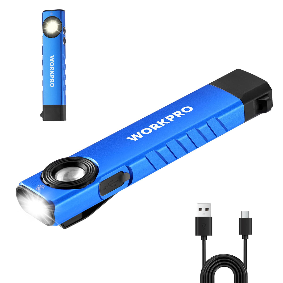WORKPRO Rechargeable Work Light — 600 Lumens, UV Mode, Magnetic Base, Slim Pocket EDC Flashlight