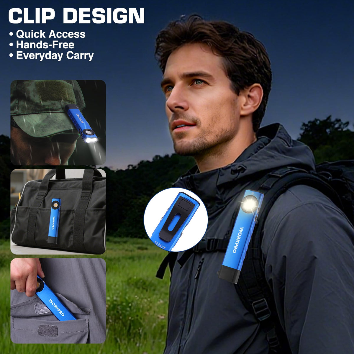 WORKPRO Rechargeable Work Light — 600 Lumens, UV Mode, Magnetic Base, Slim Pocket EDC Flashlight