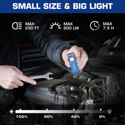 WORKPRO Rechargeable Work Light — 600 Lumens, UV Mode, Magnetic Base, Slim Pocket EDC Flashlight