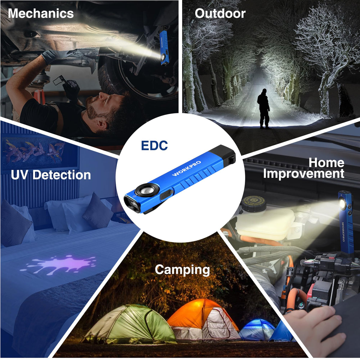 WORKPRO Rechargeable Work Light — 600 Lumens, UV Mode, Magnetic Base, Slim Pocket EDC Flashlight