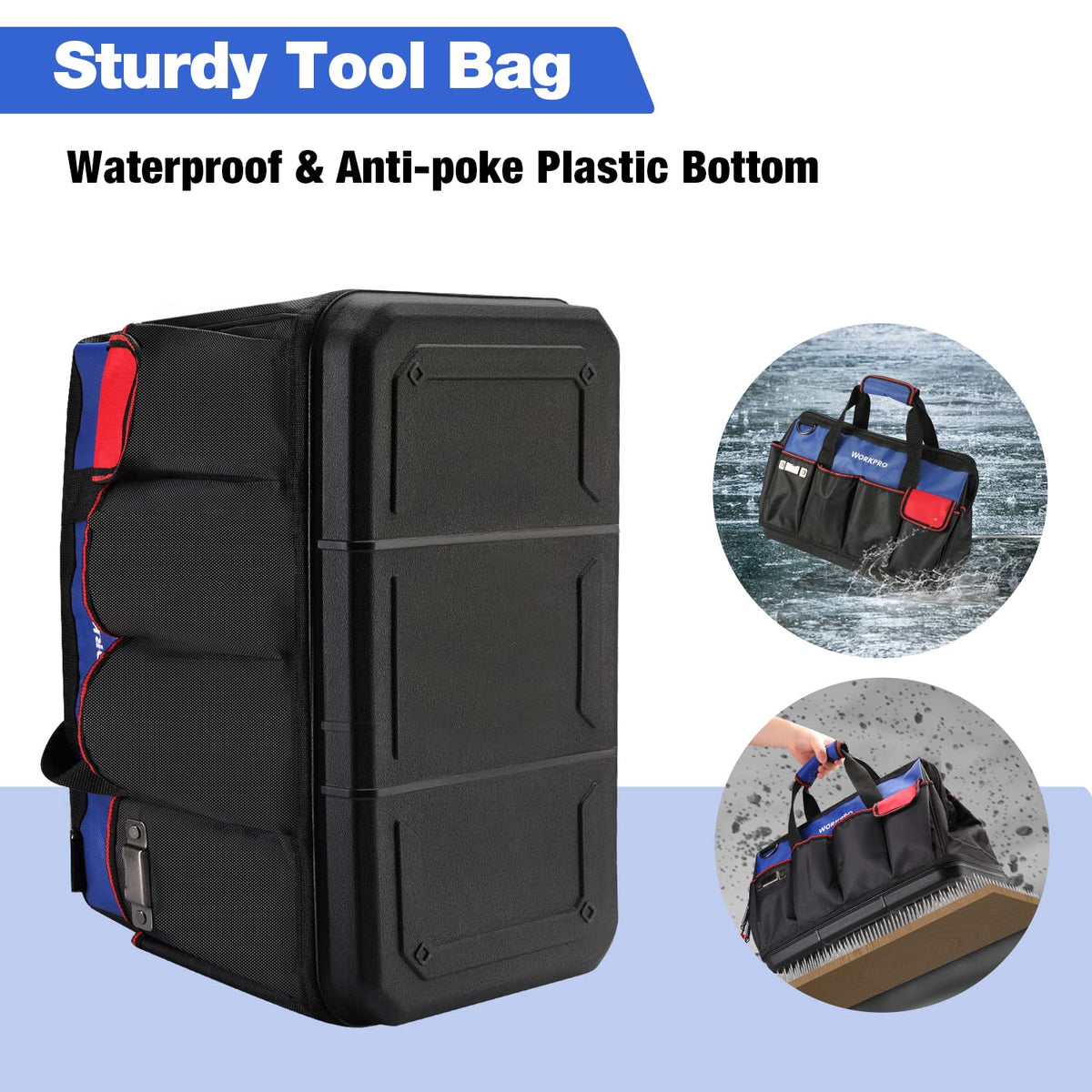WORKPRO 18-Inch Tool Bag with Waterproof Base – Open Top Organizer, 20 Pockets