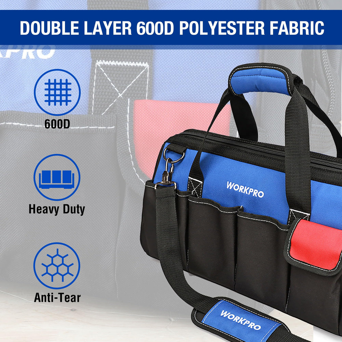WORKPRO 18-Inch Close Top Wide Mouth Tool Bag | Durable Storage with Adjustable Shoulder Strap