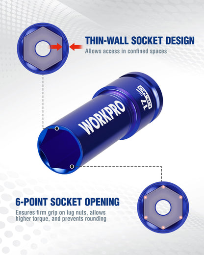 WORKPRO 1/2 Drive Lug Nut Socket Set – 17/19/21mm Deep Thin-Wall