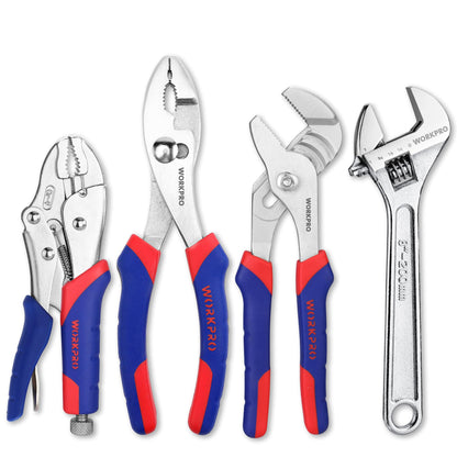 WORKPRO Pliers Set 4-Piece: Slip-Joint, Groove Joint, Locking Pliers & Adjustable Wrench