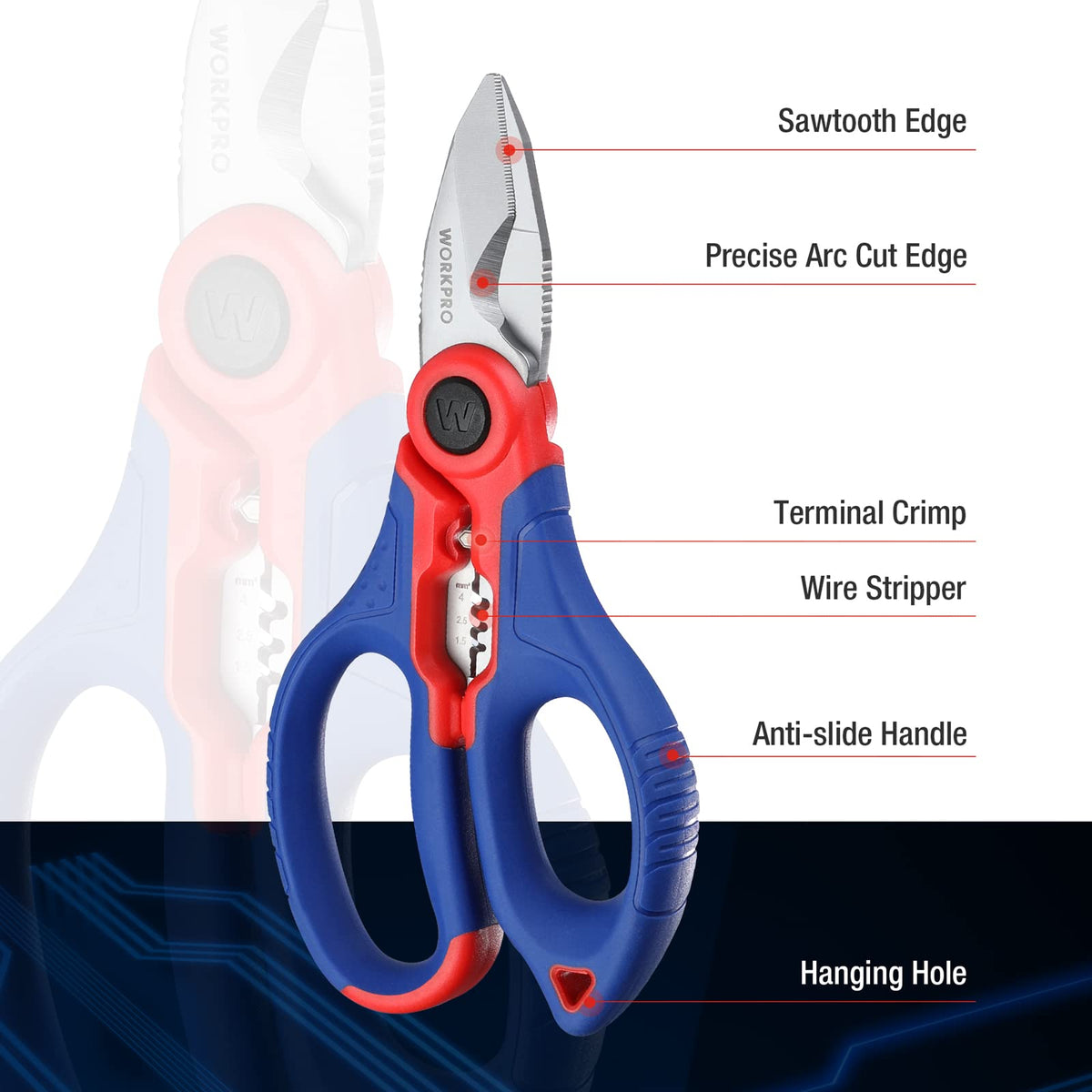 WORKPRO Stainless Electricians Scissors 6.4in – Wire Stripper and Cable Cutter