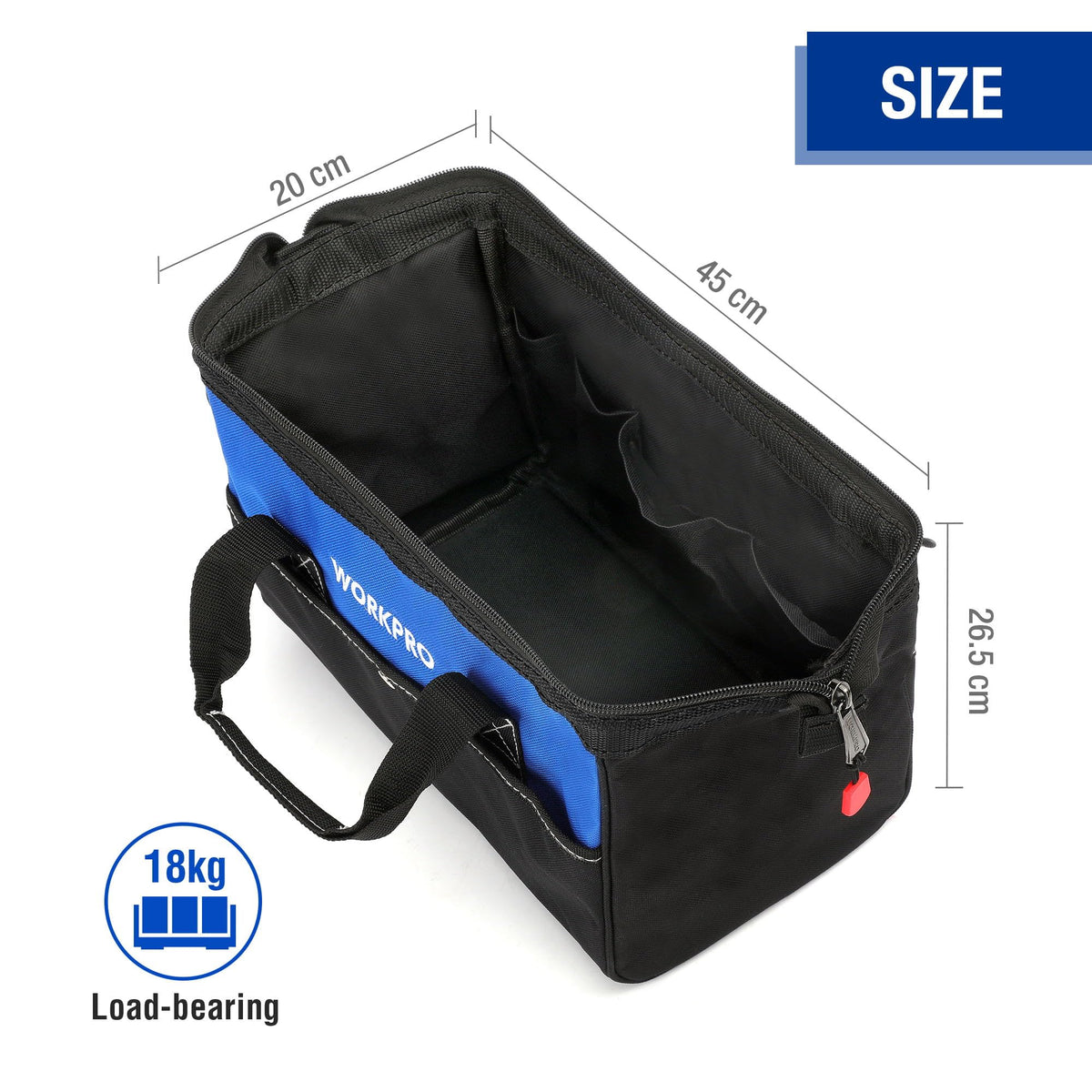 WORKPRO 18-Inch Close Top Wide Mouth Tool Bag | Durable Storage with Adjustable Shoulder Strap