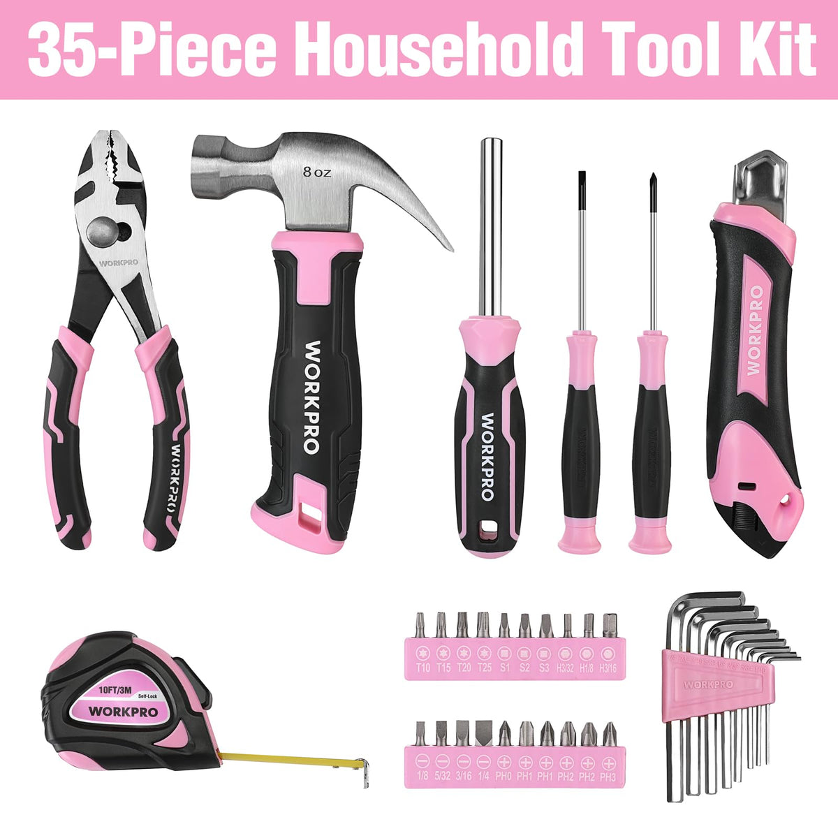 WORKPRO 35-Piece Pink Tools Set | Home DIY Toolbox with Storage
