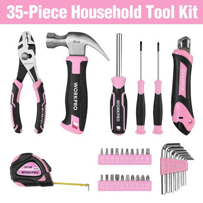 WORKPRO 35-Piece Pink Tools Set | Home DIY Toolbox with Storage