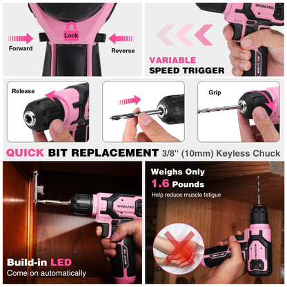 WORKPRO Pink Cordless Drill Set – 8V, 53pc Kit, USB Fast Charge, Pink Ribbon
