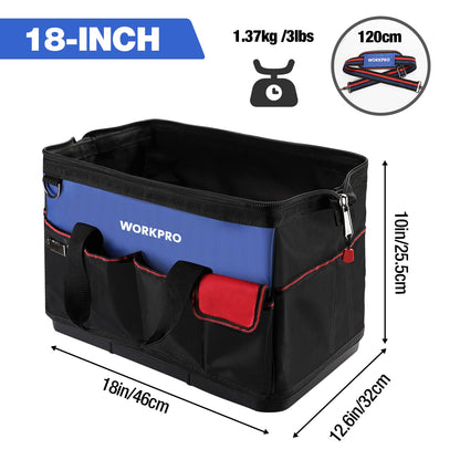 WORKPRO 18-Inch Tool Bag with Waterproof Base – Open Top Organizer, 20 Pockets