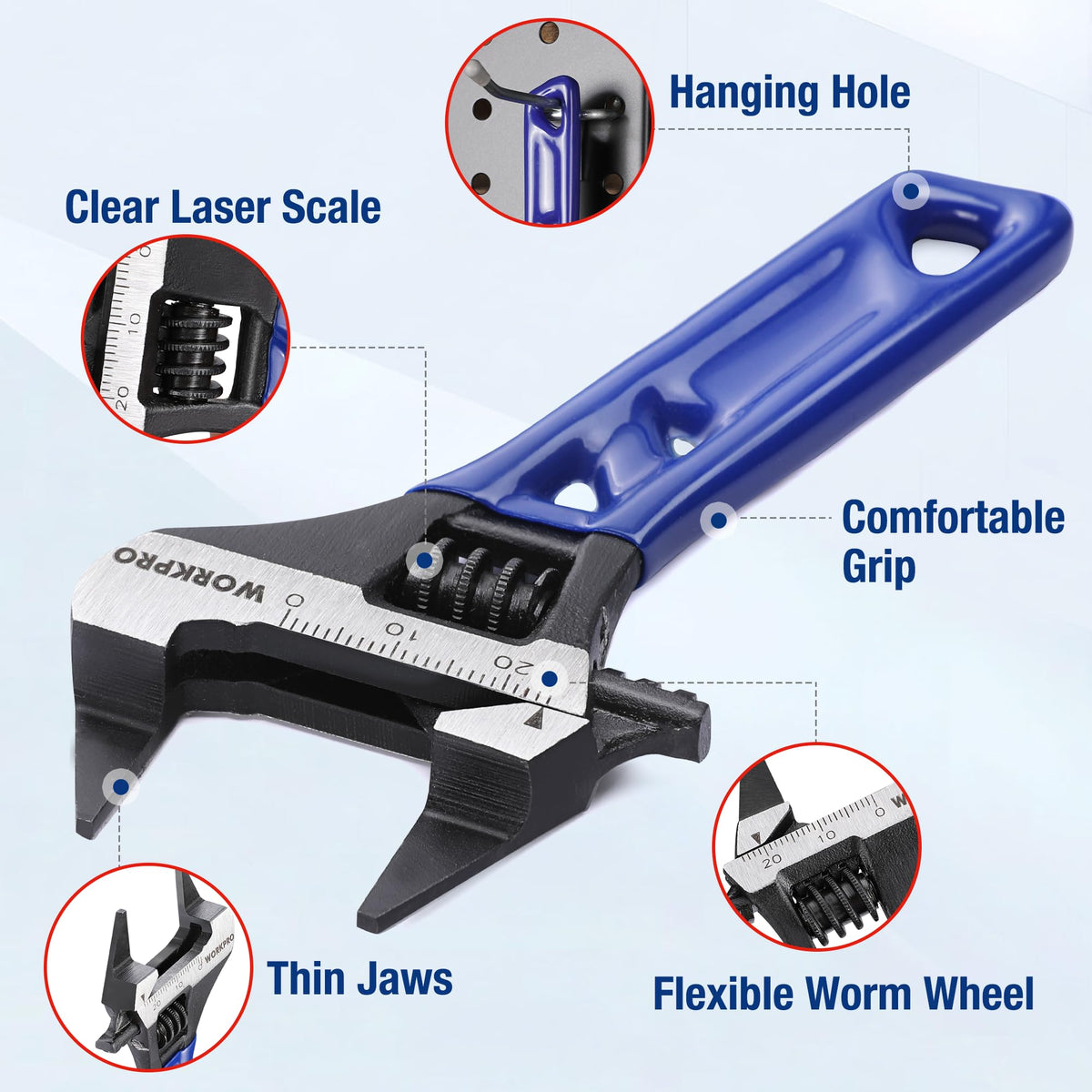 WORKPRO 4-Inch Thin Jaws Stubby Adjustable Wrench – 0.94 in Opening, 2mm Slim Jaws