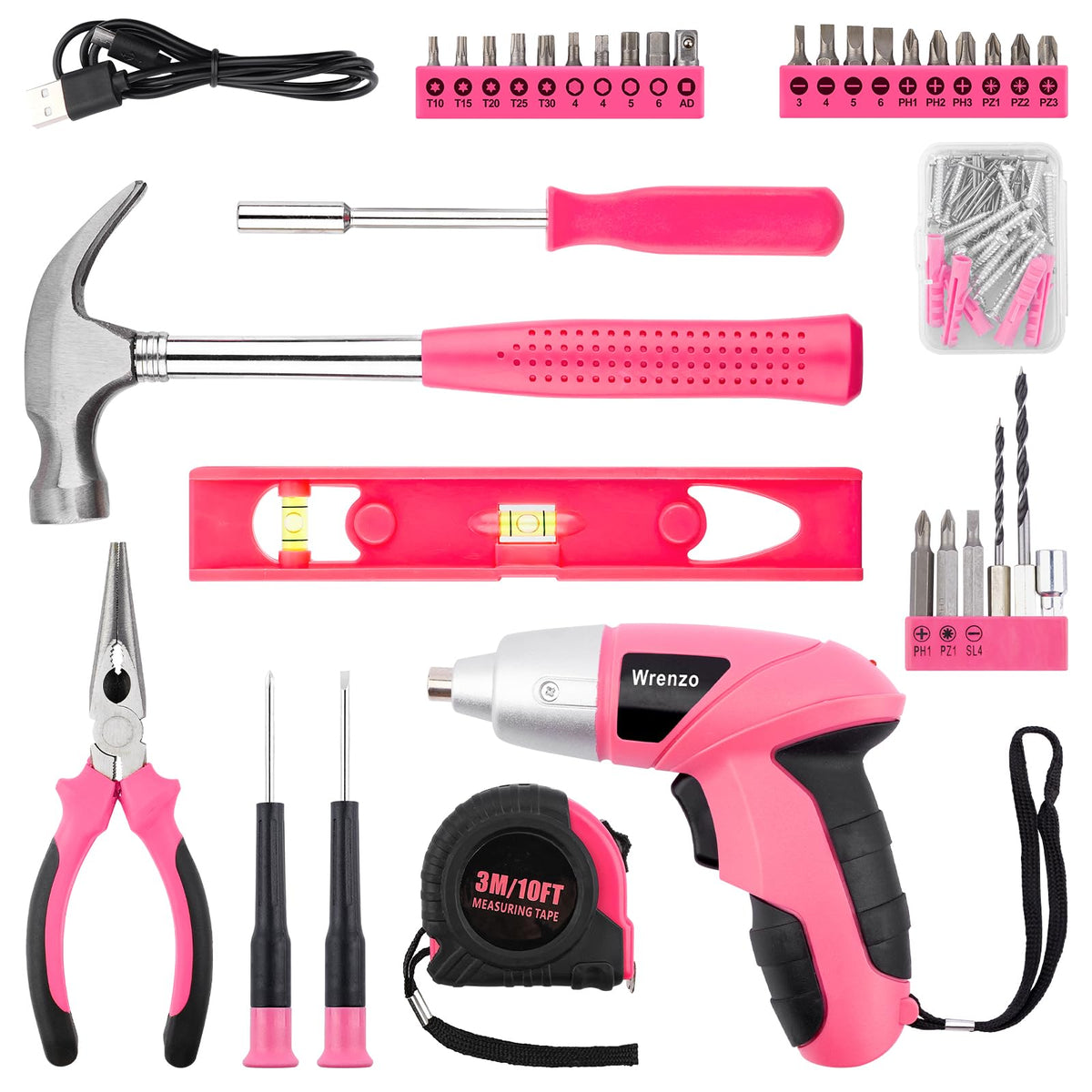Wrenzo 112pc Cordless Drill Set – Pink Tool Kit for Women, Dorm & Home
