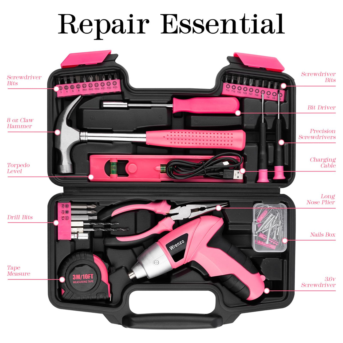Wrenzo 112pc Cordless Drill Set – Pink Tool Kit for Women, Dorm & Home