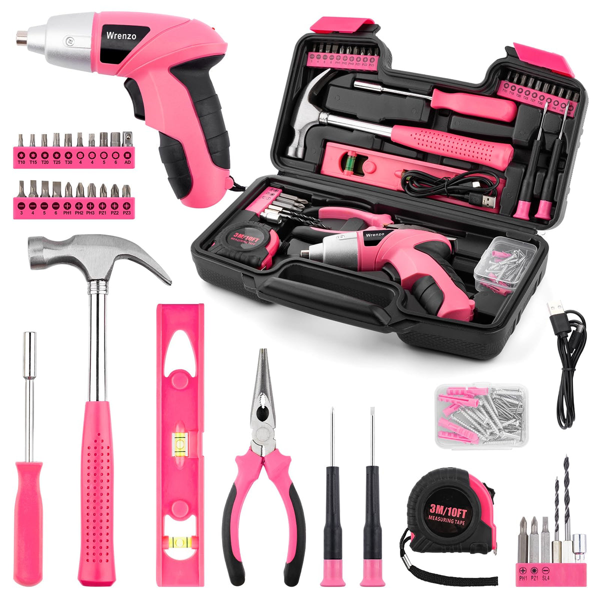 Wrenzo 112pc Cordless Drill Set – Pink Tool Kit for Women, Dorm & Home