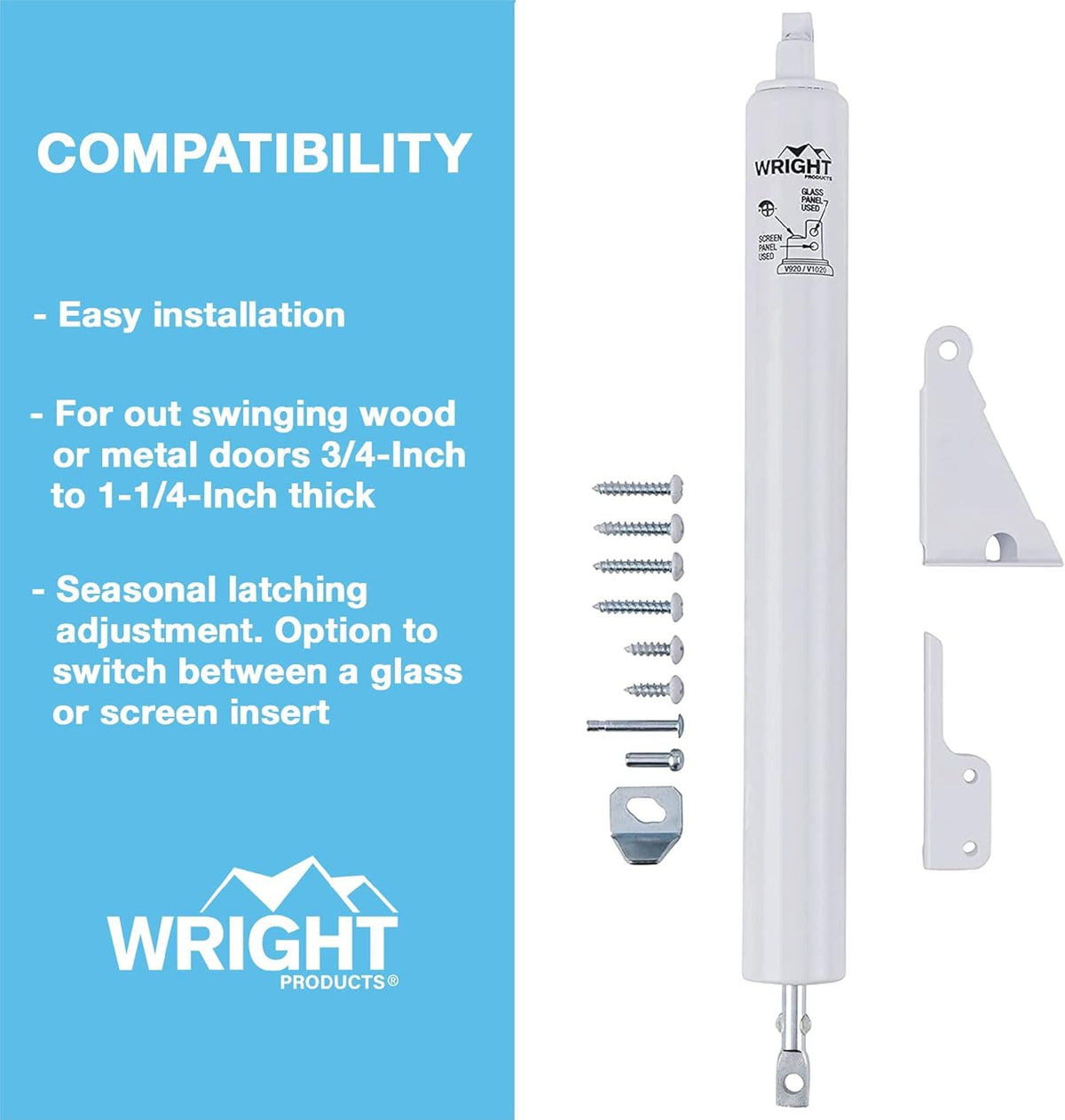 Wright Products Standard Duty Pneumatic Screen & Storm Door Closer – Adjustable Speed, Quiet, Easy Install (White)