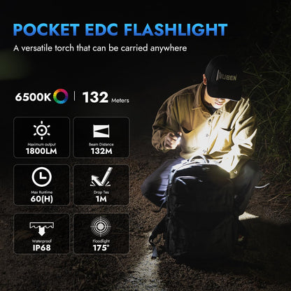 WUBEN E7 1800 Lumen Rechargeable Mini Flashlight with Magnet – IP68, Type-C, 6 Modes | EDC